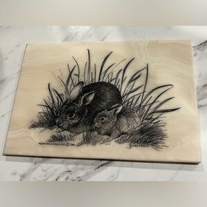 Vintage Montana Marble bunny rabbit etched tile.  1990